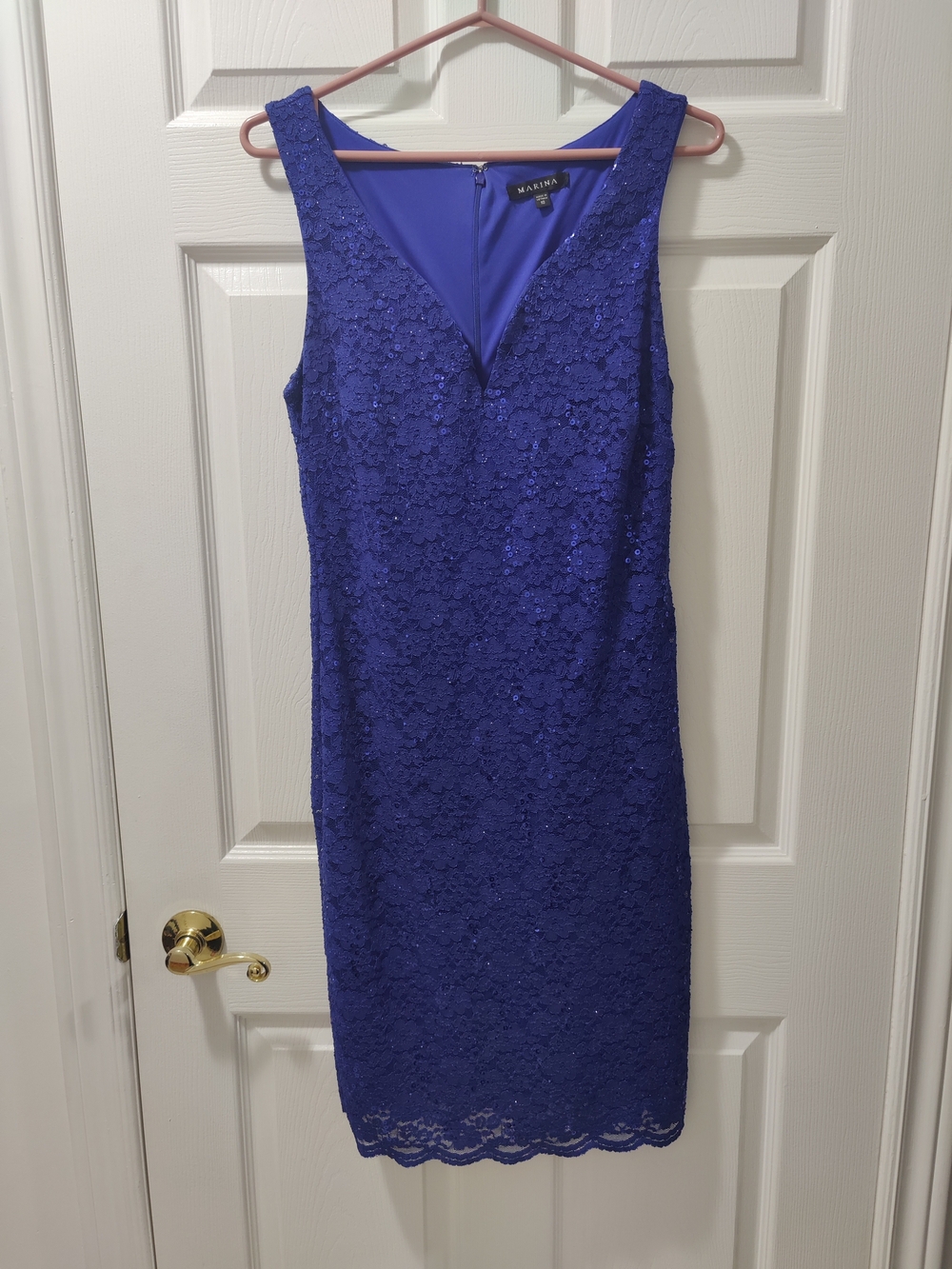 MARINA Cobalt Blue Lace Sequin Sheath Dress